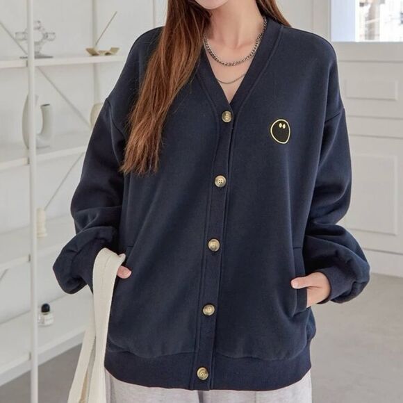 Minimalist Navy Smiley Button-Up Cardigan | Street Style Layer | Cozy Oversized - Picture 6 of 6